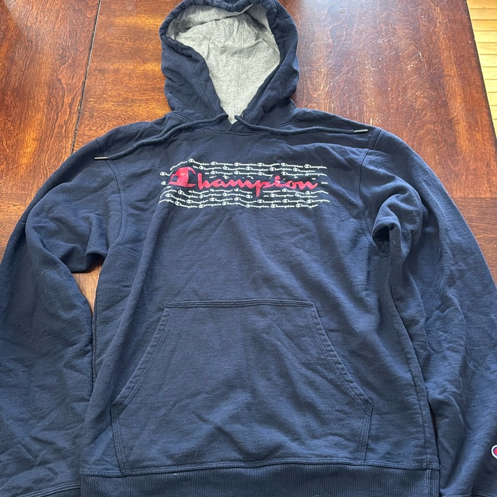 Men’s Champion Navy Blue with Red and White Graphic Hoodie - Size S